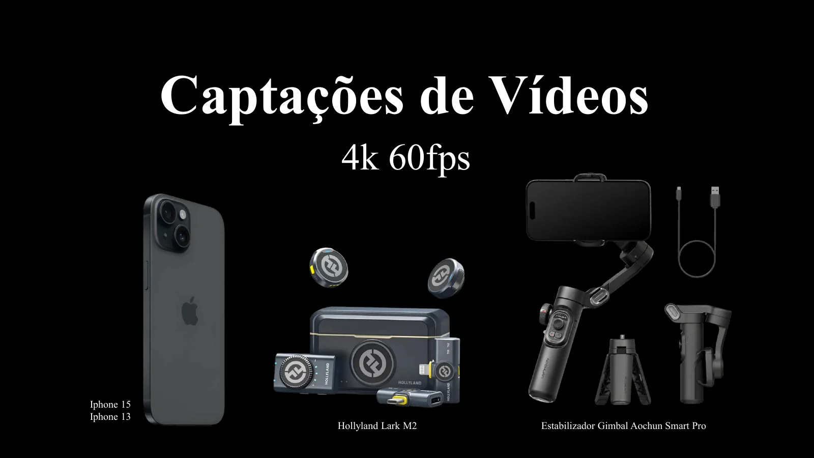 Equipamentos de captação da Vision: iPhones, microfone Hollyland e estabilizador